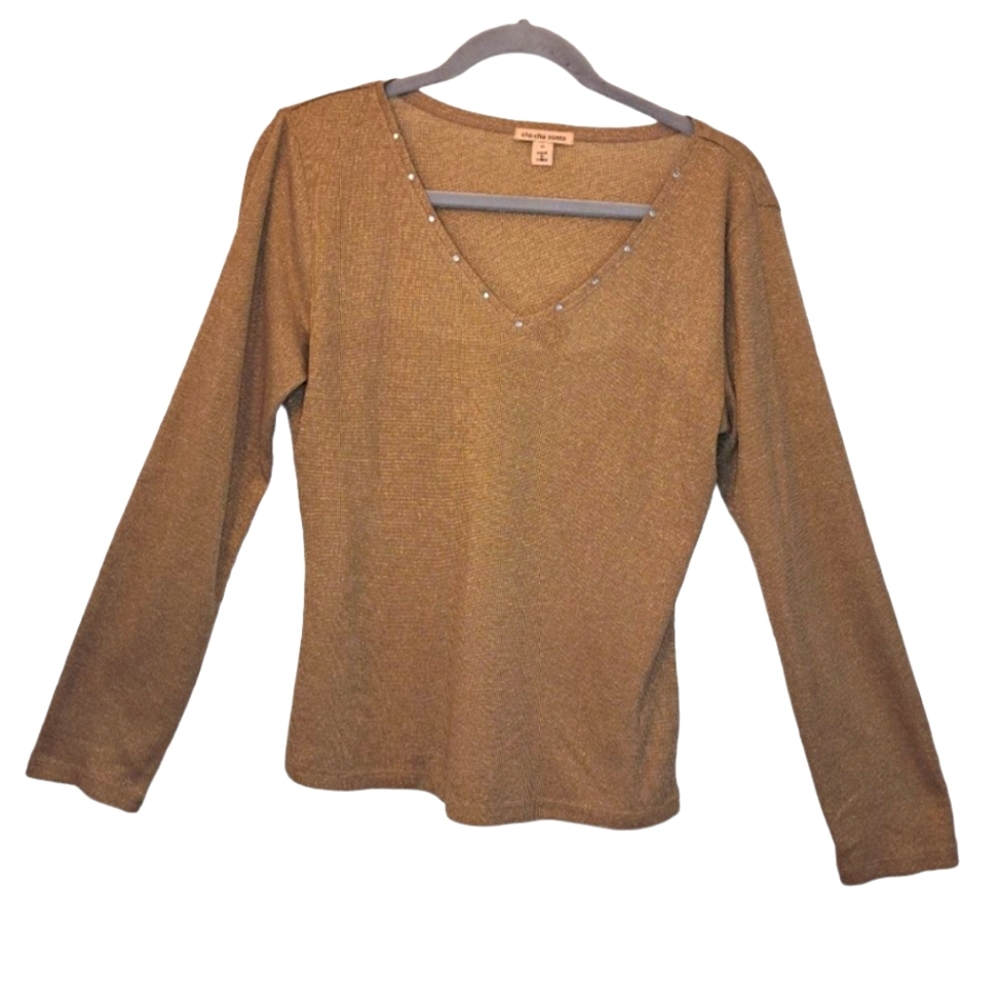 Cha Cha Vente Gold Shiny Glitter Sweater with Rhinestones Size Medium